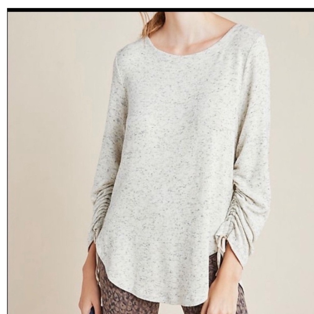 Saturday Sunday by Anthropologie Gray Marled Ruched Sleeve Knit Top Large Cozy